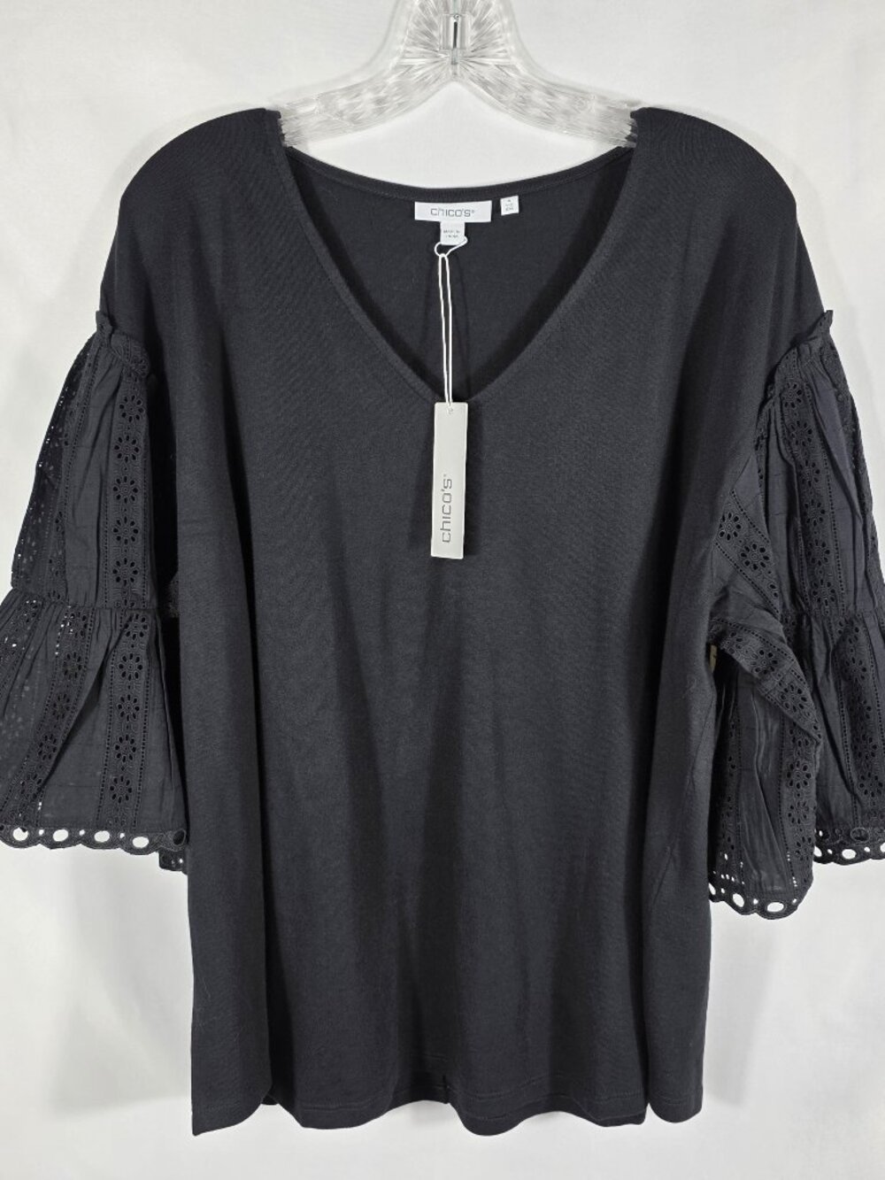 Chico's Touch of Cool Black V-Neck Blouse Size XXL Eyelet Lace Trim Bell Sleeves